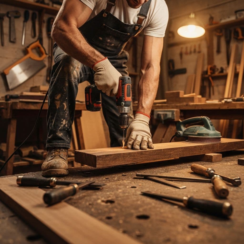 Repair work at a bench with a drill and wood trim