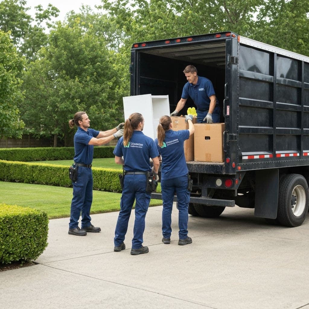 Crew loading boxed items into a haul-away truck