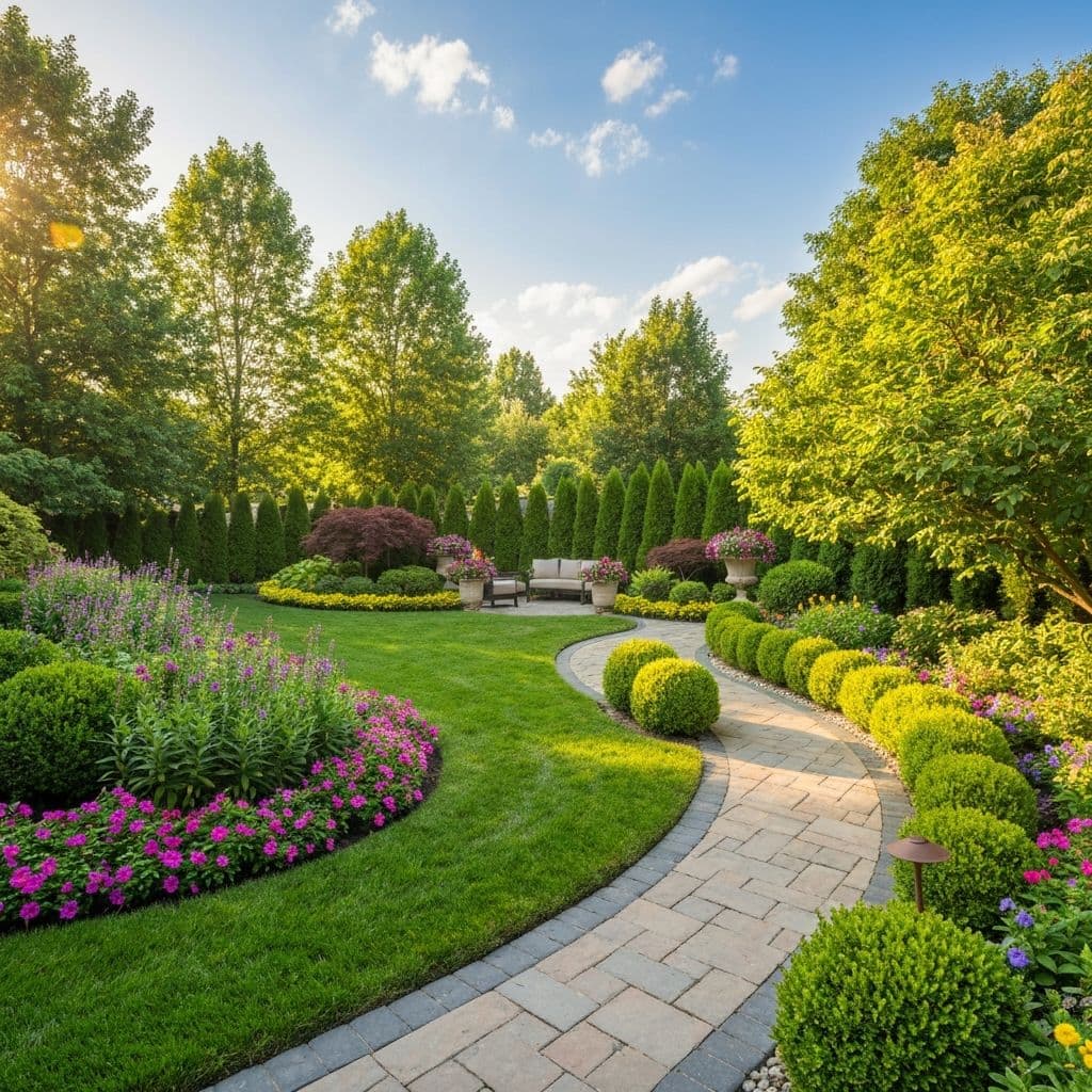 Maintained garden path, lawn, and planted beds