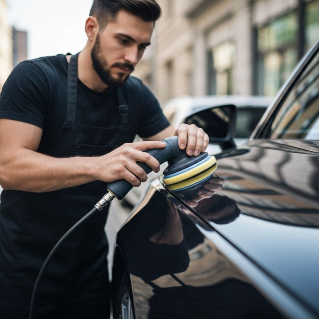 Detailer polishing a vehicle exterior