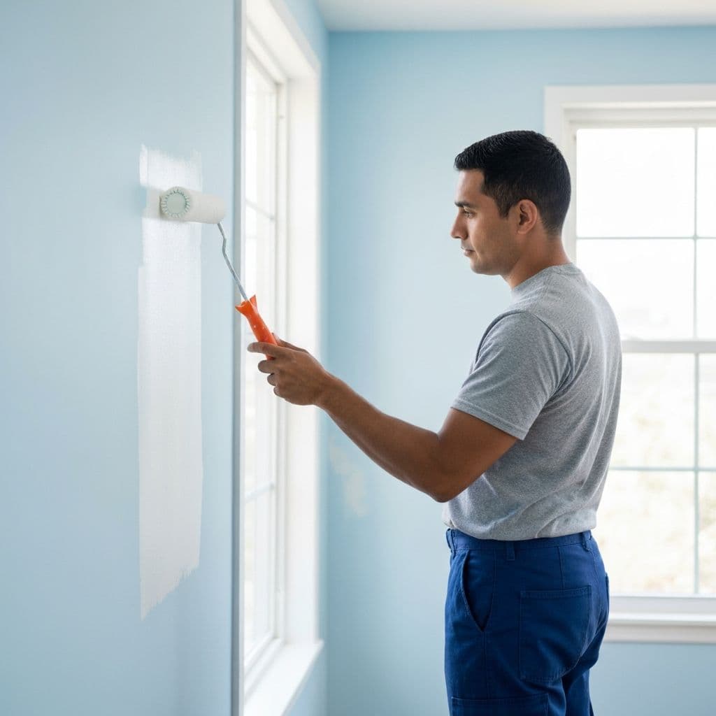 Painter rolling interior paint onto a wall