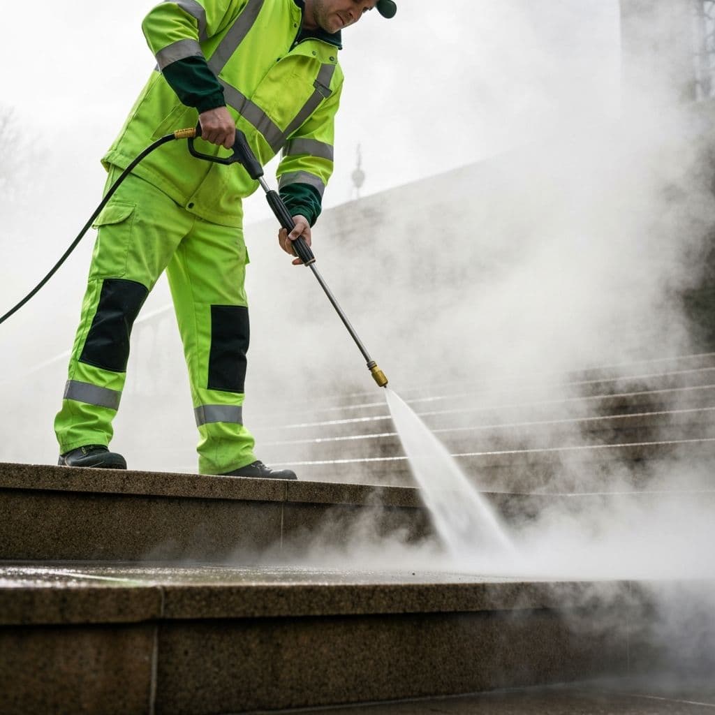 Technician pressure washing exterior masonry steps
